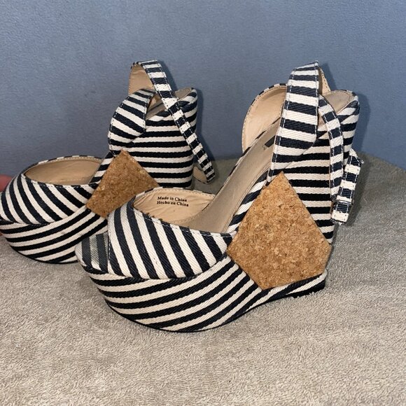 Forever 21 Striped Cork Wedge Heels | Nautical Black White Ankle Strap Sandals 8 - Picture 8 of 10